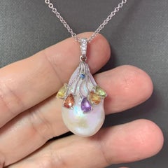 Diamond Sapphire FW Pearl Necklace 14k Gold Italy Certified