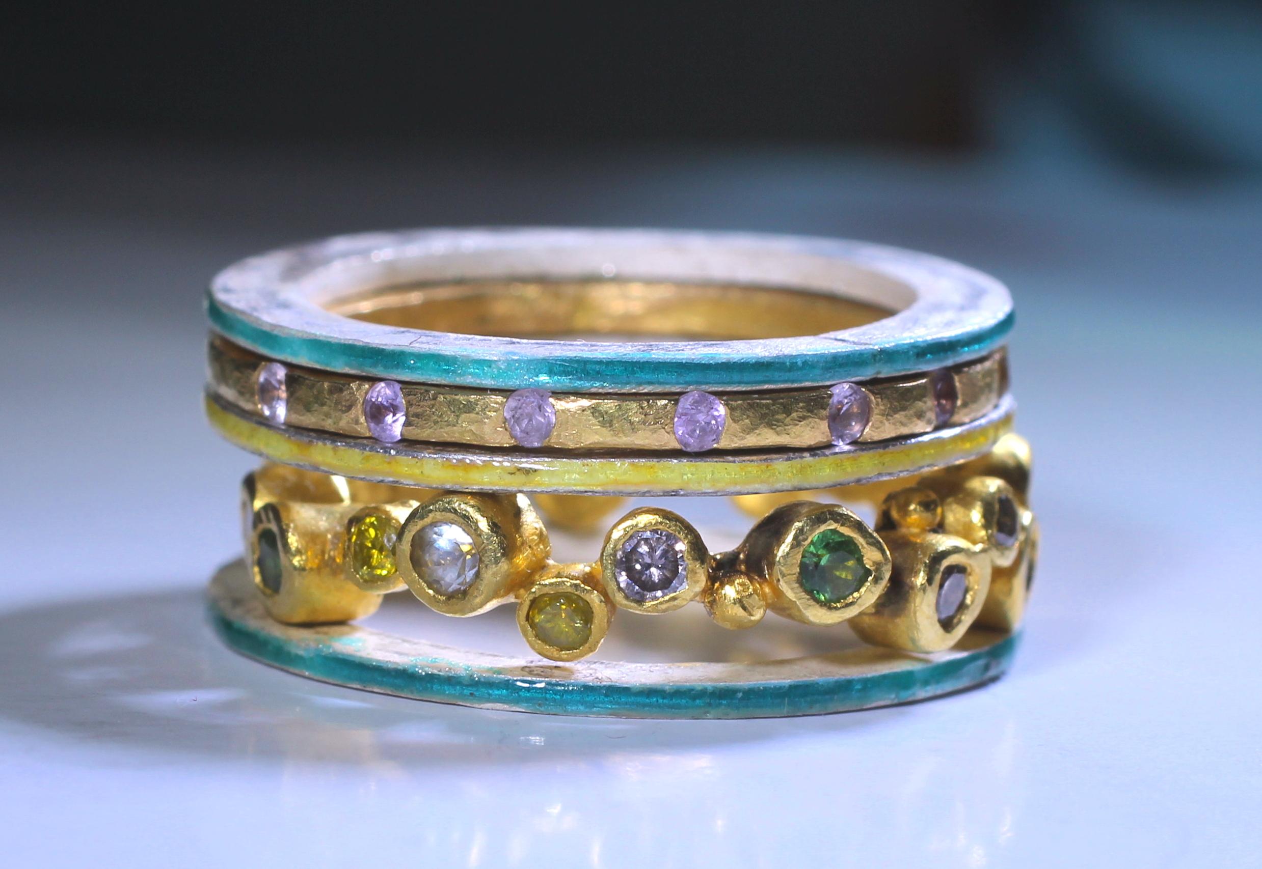 Modern Diamond Sapphire Garnet 18K 22K Gold Silver Enamel Fashion Wedding Ring Gift  For Sale