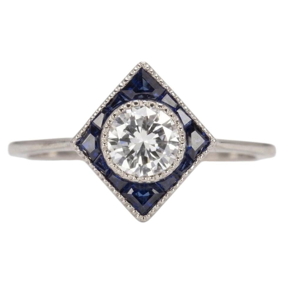 Diamond Sapphire Geometric Halo Ring in 14k White Gold