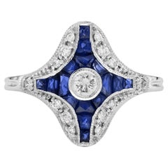 Diamond Sapphire Geometric Shield Ring in 14K White Gold