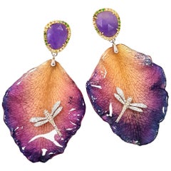 Diamond, Sapphire, Gold and Orchid Petal Dragonfly Earrings
