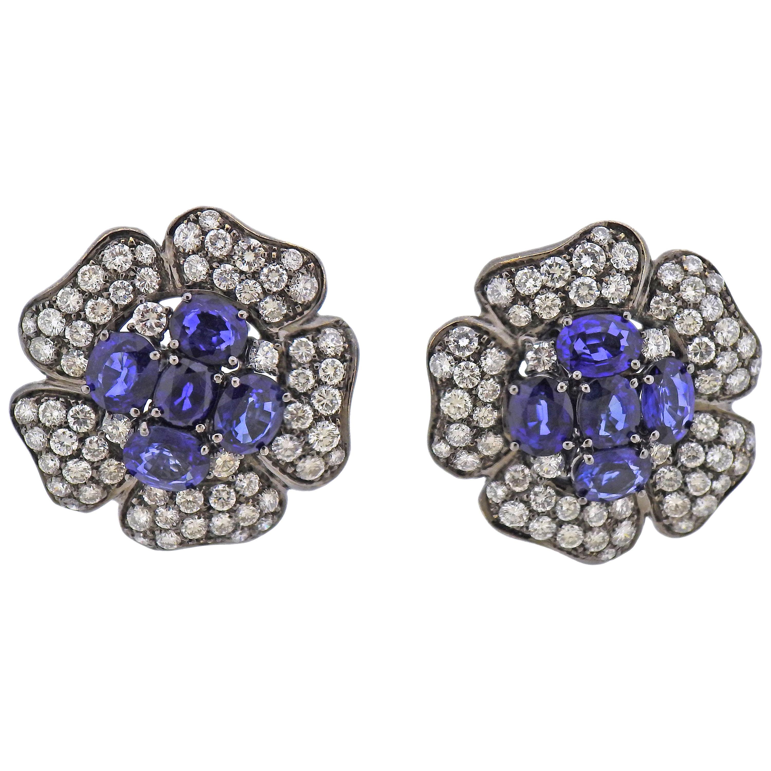 Diamond Sapphire Gold Flower Earrings For Sale