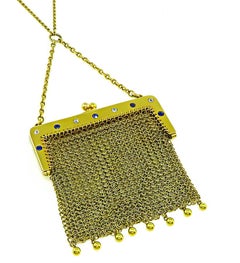 Diamond Sapphire Gold Mesh Purse Necklace