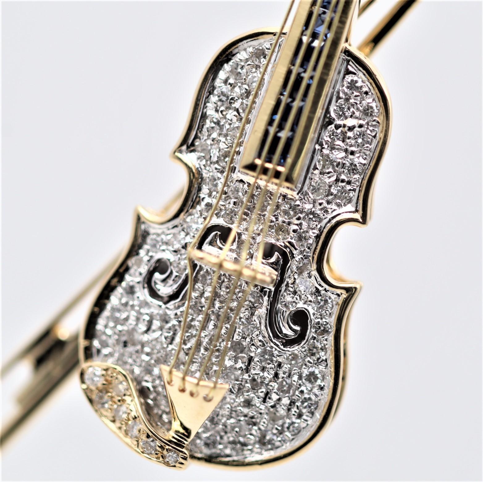 Mixed Cut Diamond Sapphire Gold Violin Pendant Brooch