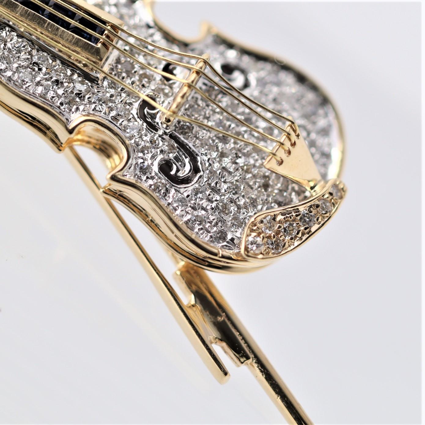 Diamond Sapphire Gold Violin Pendant Brooch In New Condition In Beverly Hills, CA
