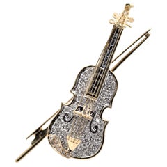 Diamond Sapphire Gold Violin Pendant Brooch
