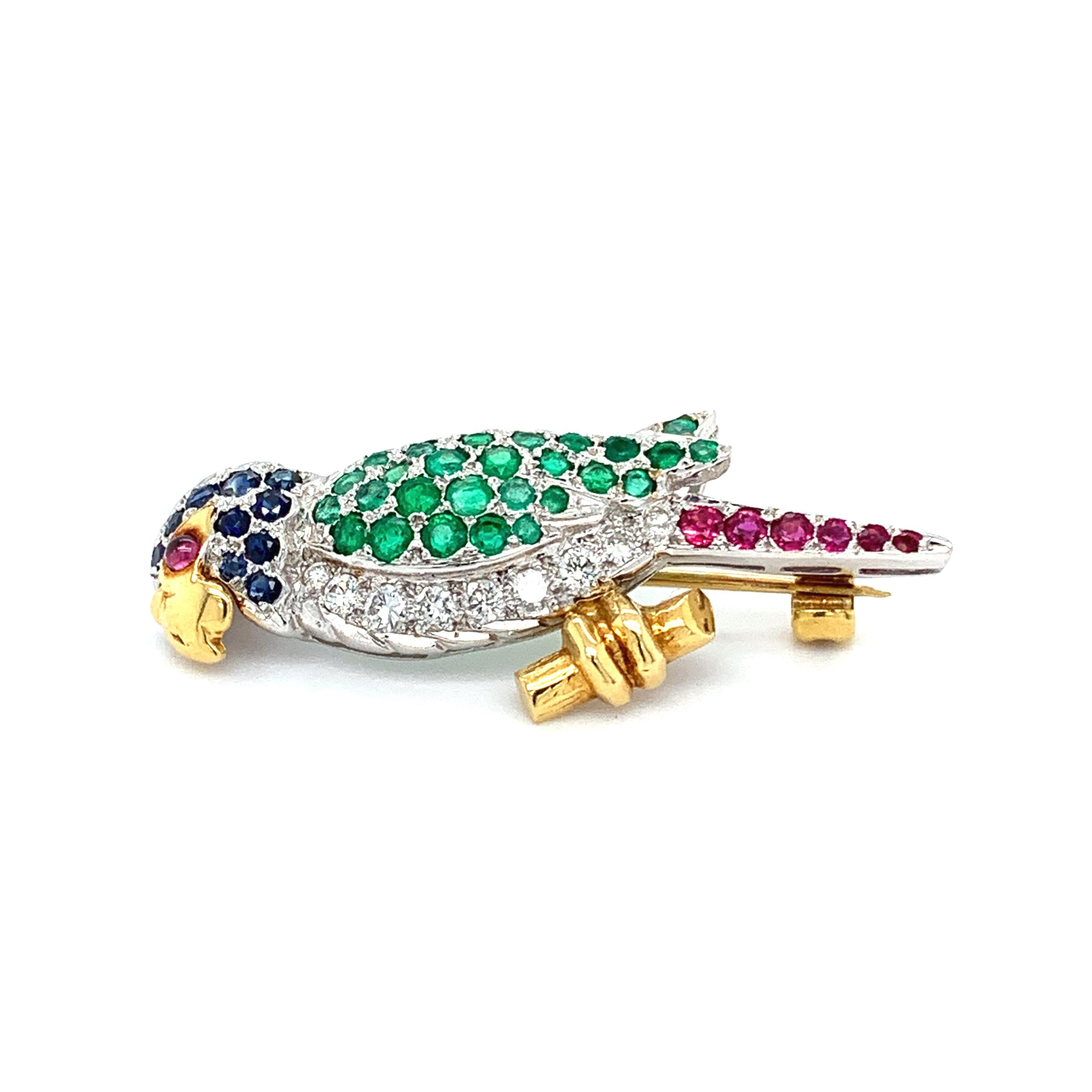 Art Deco Diamond sapphire green emerald and ruby brooch 18k white gold For Sale