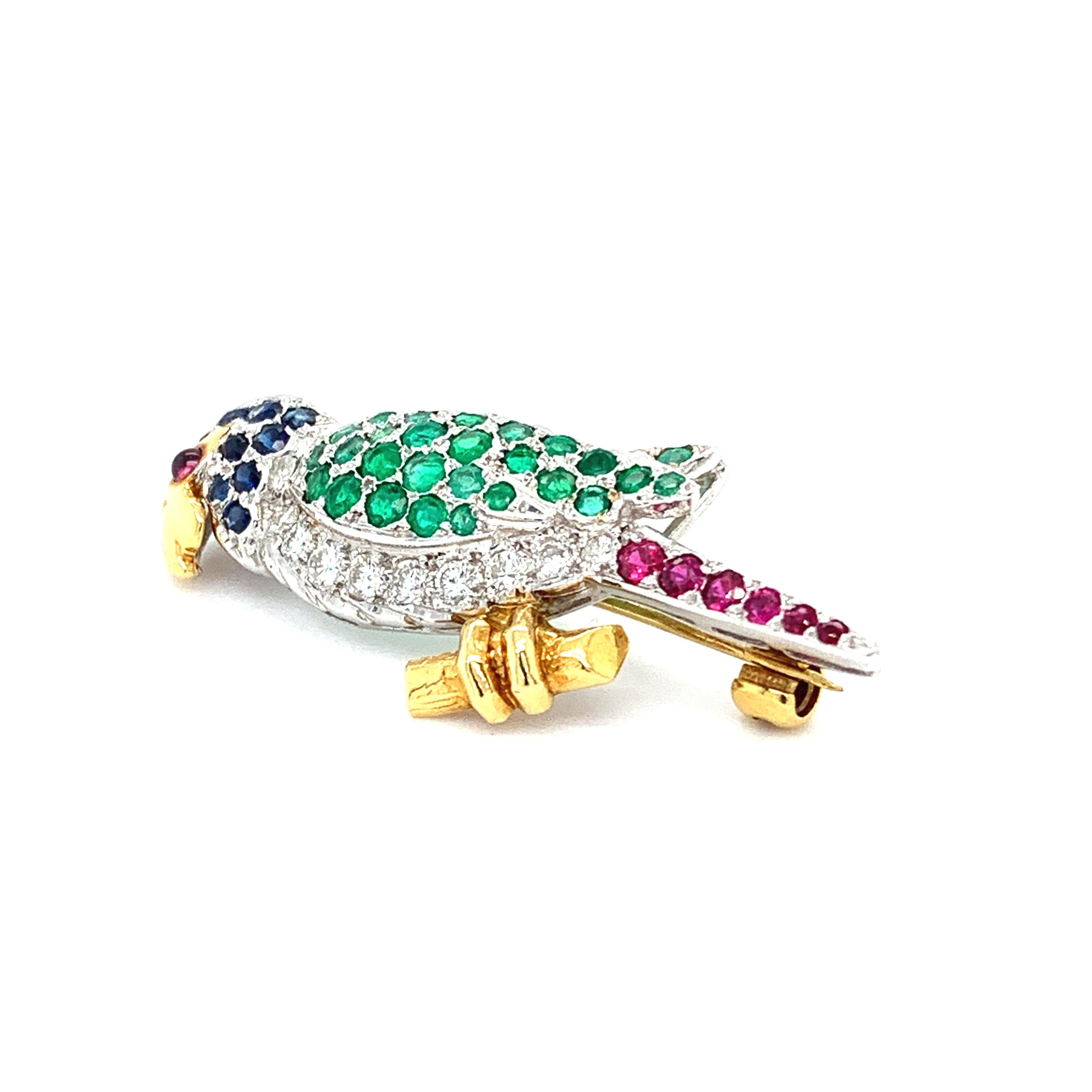 Round Cut Diamond sapphire green emerald and ruby brooch 18k white gold For Sale