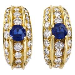 Vintage Diamond Sapphire Yellow Gold Half Hoop Earrings