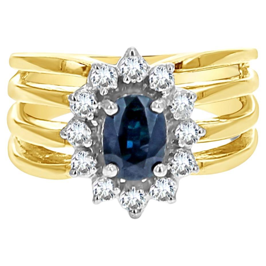 Anello di fidanzamento con diamante e zaffiro aureolato 1,25cttw in oro giallo 14k in vendita