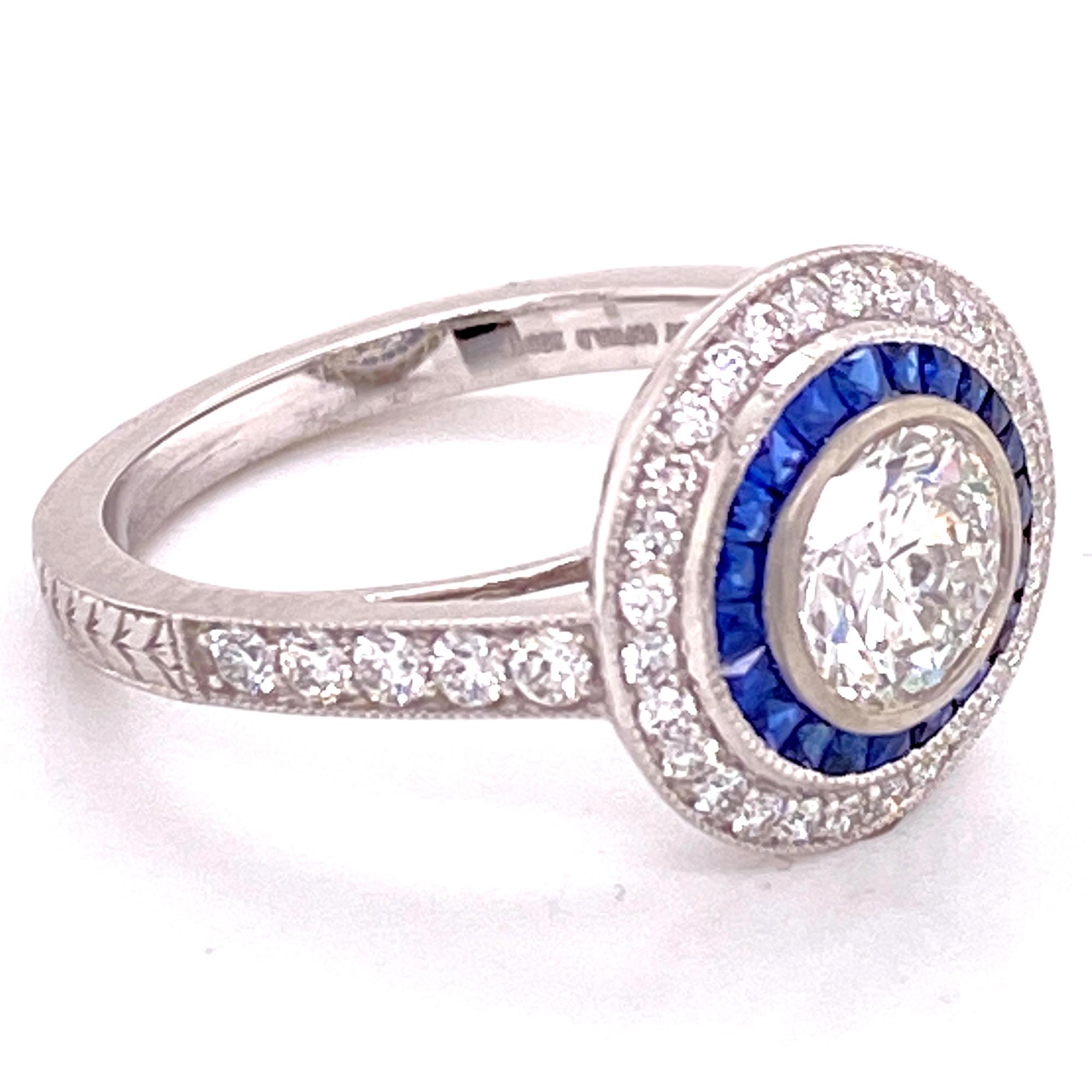 Art Deco Diamond Sapphire Halo Platinum Engagement Ring