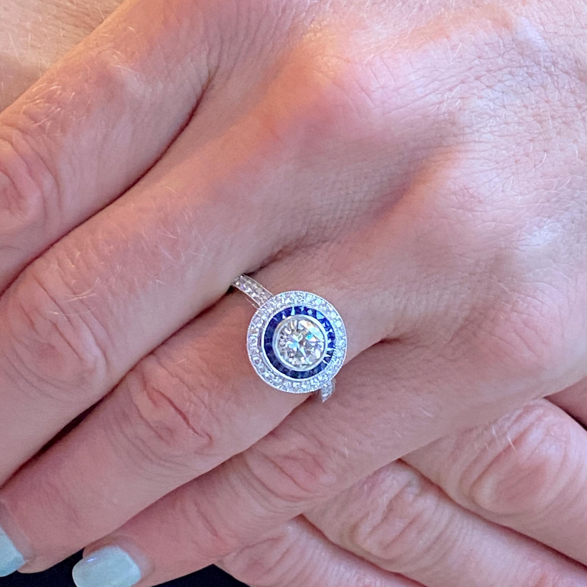 Round Cut Diamond Sapphire Halo Platinum Engagement Ring