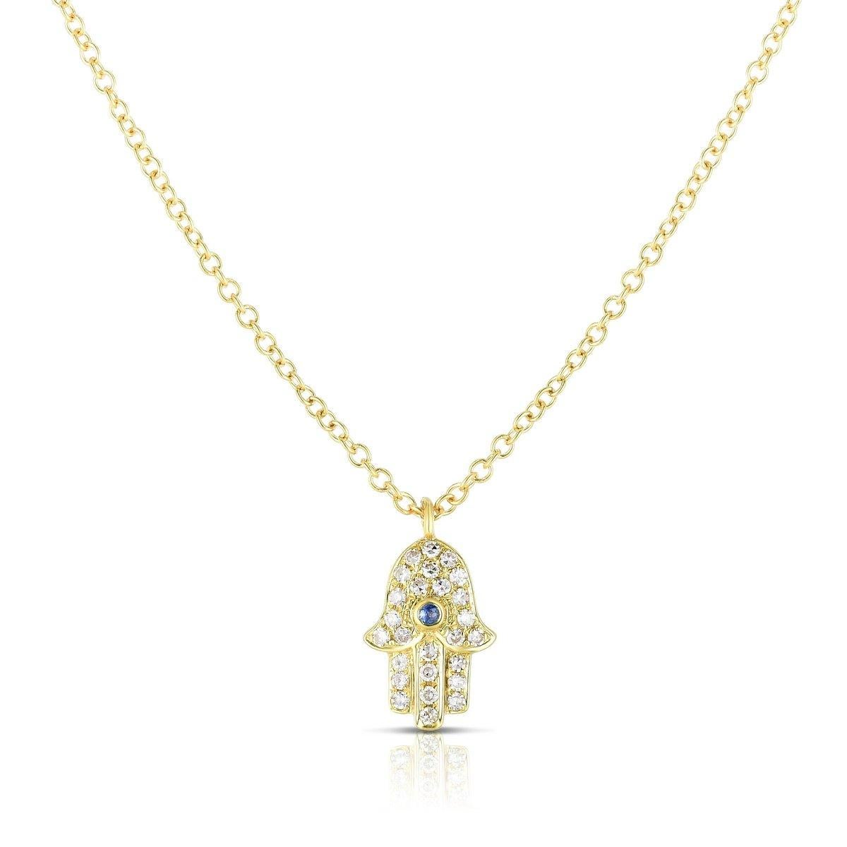 Round Cut Diamond and Sapphire Hamsa Necklace, 14 Karat Gold, Ben Dannie