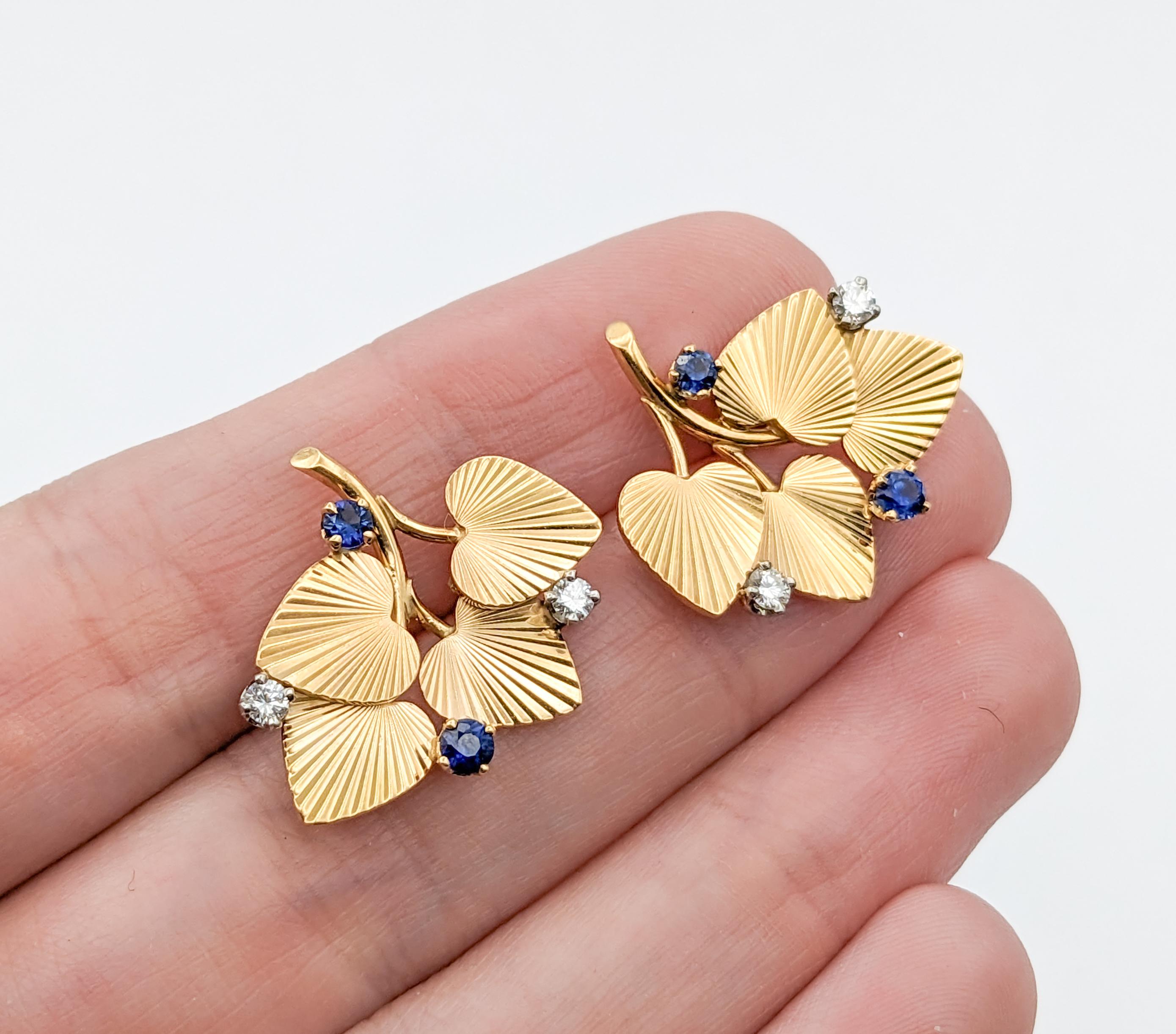 Modern Diamond & Sapphire Leaf Stud Earrings For Sale