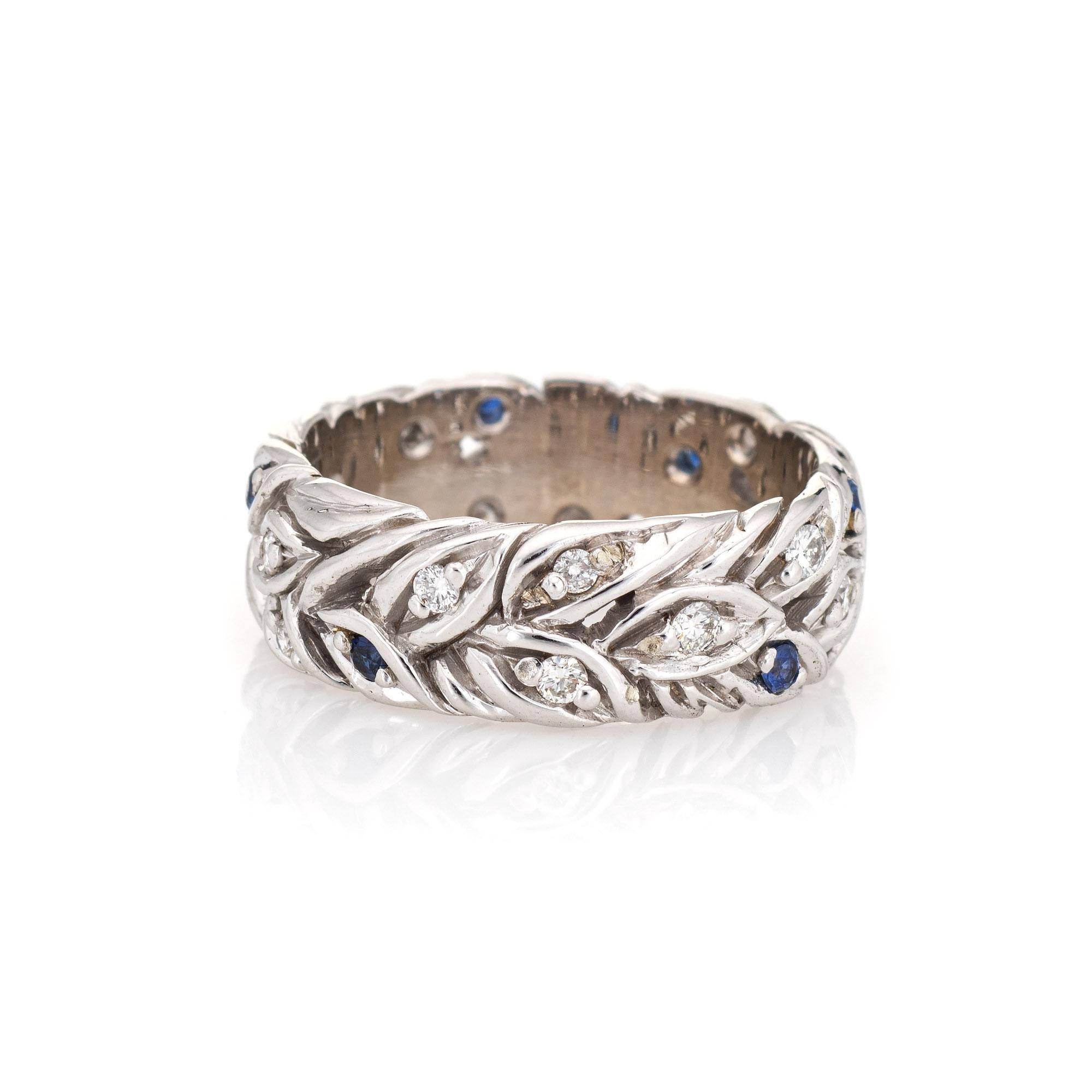 Modern Diamond Sapphire Leaves Eternity Ring Vintage 18 Karat White Gold Jewelry