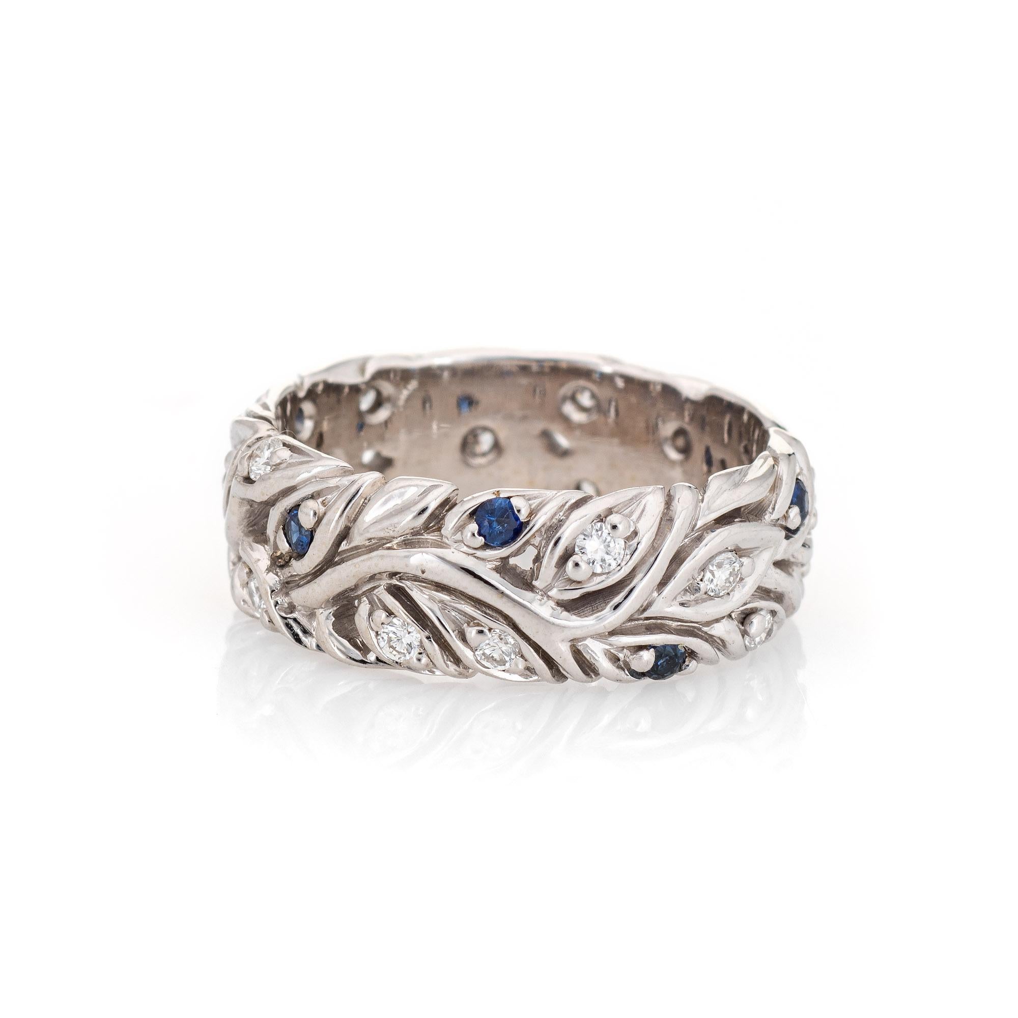 Round Cut Diamond Sapphire Leaves Eternity Ring Vintage 18 Karat White Gold Jewelry