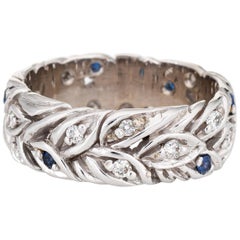 Diamond Sapphire Leaves Eternity Ring Vintage 18 Karat White Gold Jewelry
