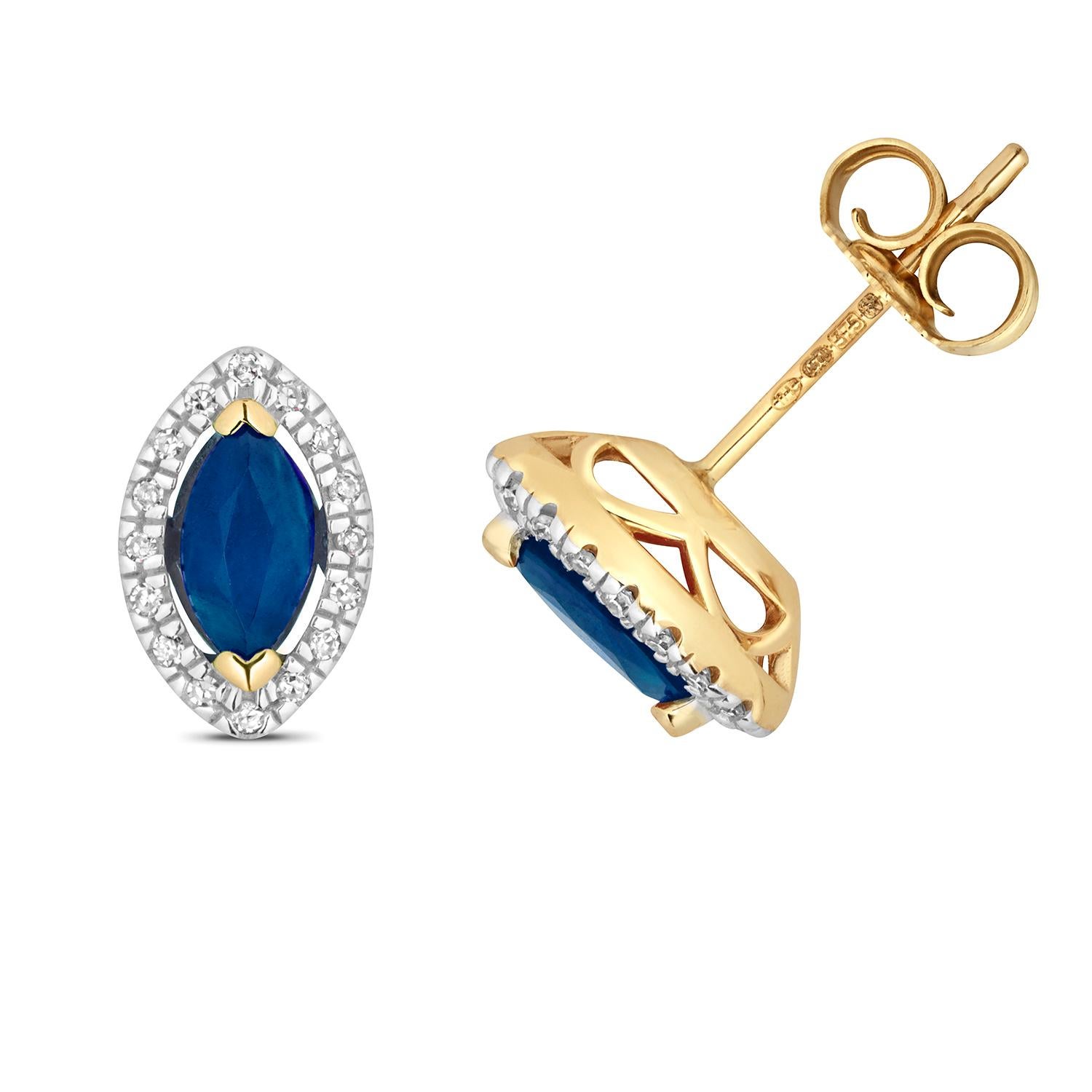 DIAMOND & SAPPHIRE MARQUISE HALO STUDS IN 9CT Gold In New Condition For Sale In Ilford, GB