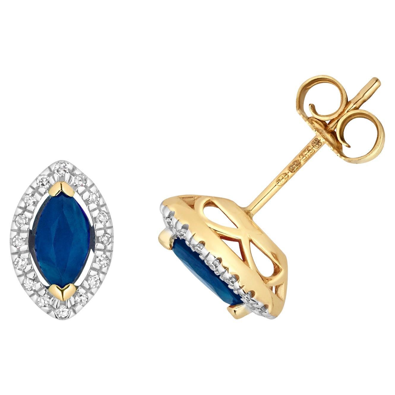 DIAMOND & SAPPHIRE MARQUISE HALO STUDS IN 9CT Gold For Sale
