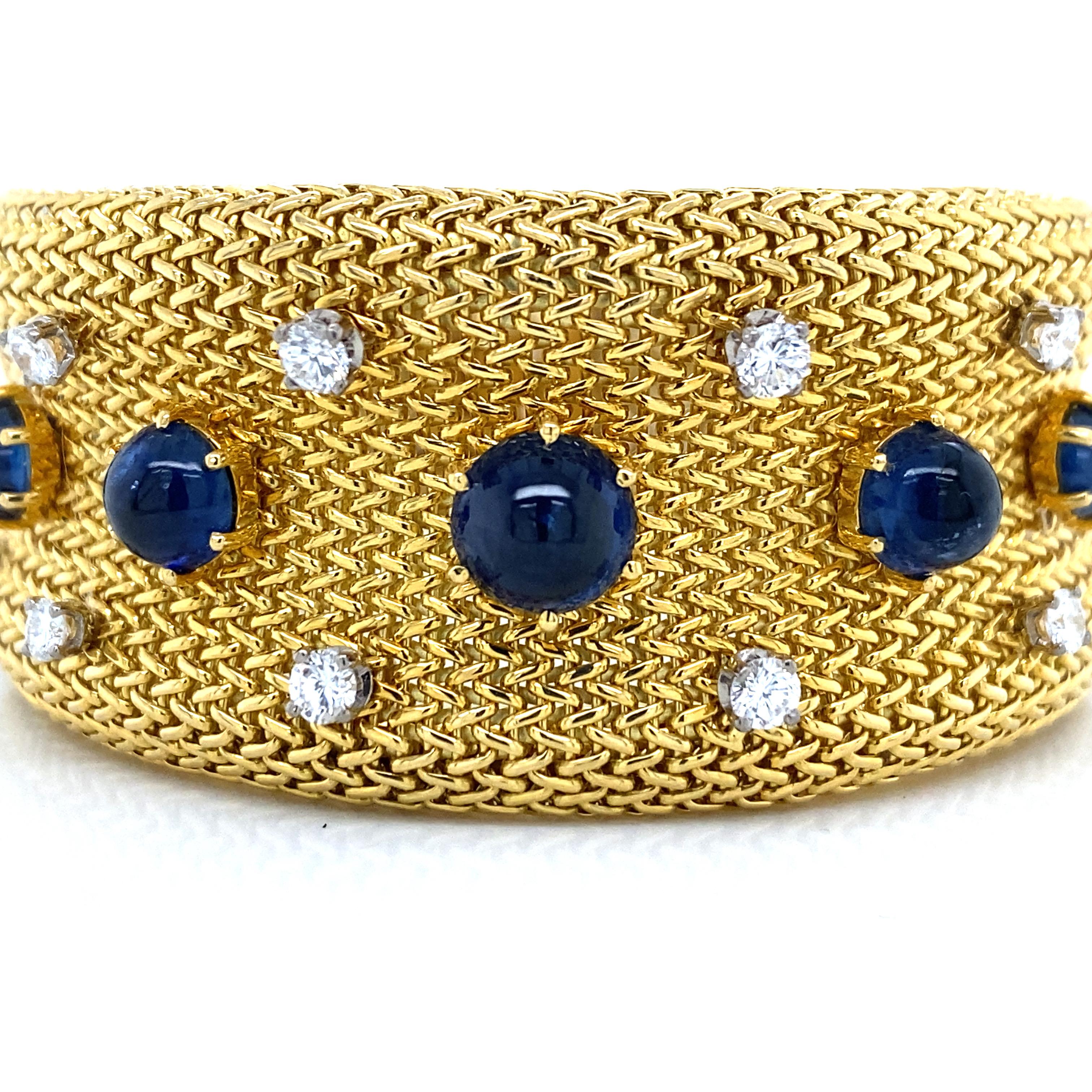 Diamant-Saphir-Netz-Armband aus 18 Karat Gelbgold (Cabochon) im Angebot