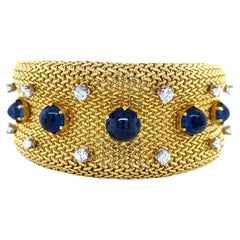 Diamond Sapphire Mesh 18K Yellow Gold Bracelet