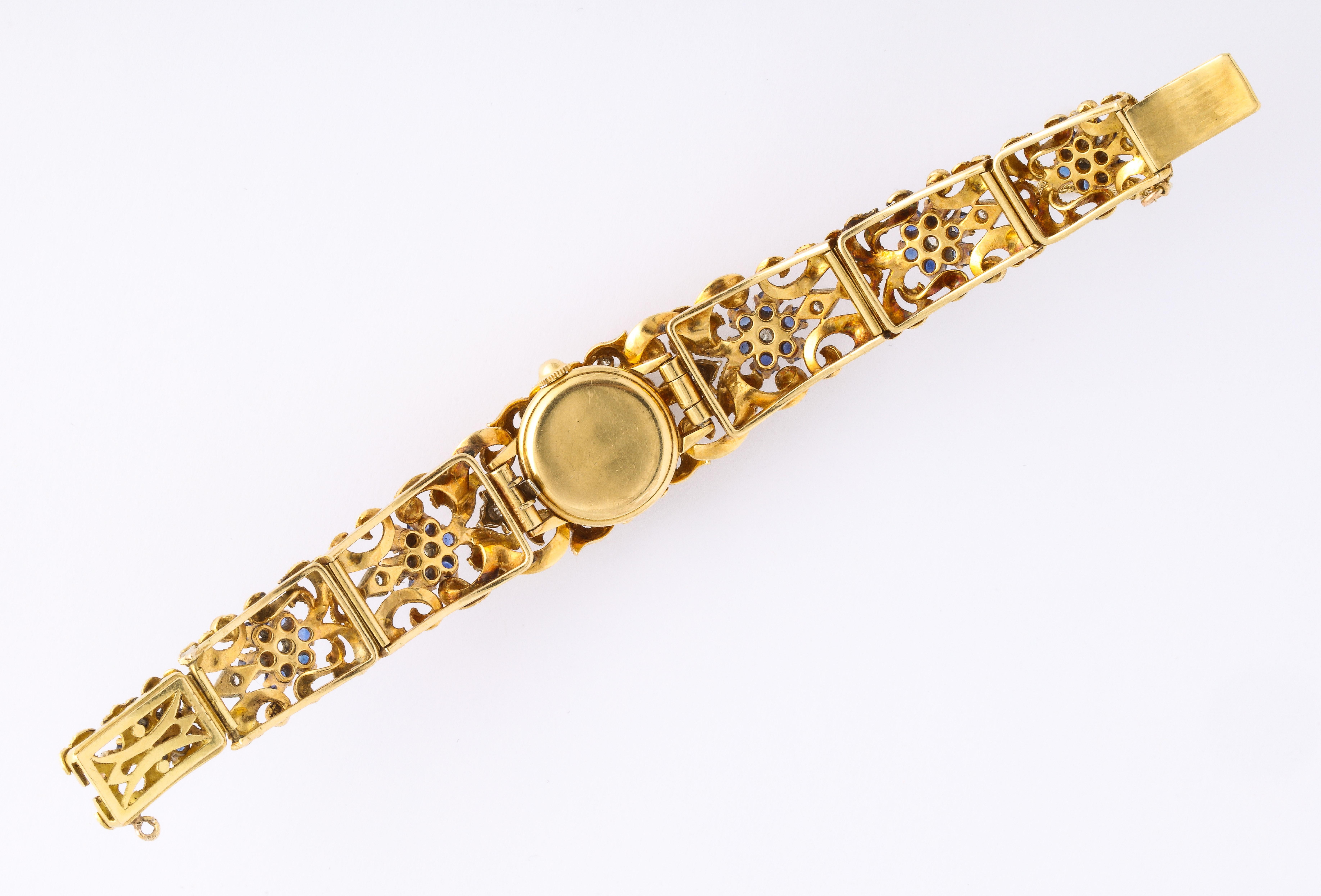 Diamond Sapphire Movado Yellow Gold Watch Bracelet In Excellent Condition In New York, NY