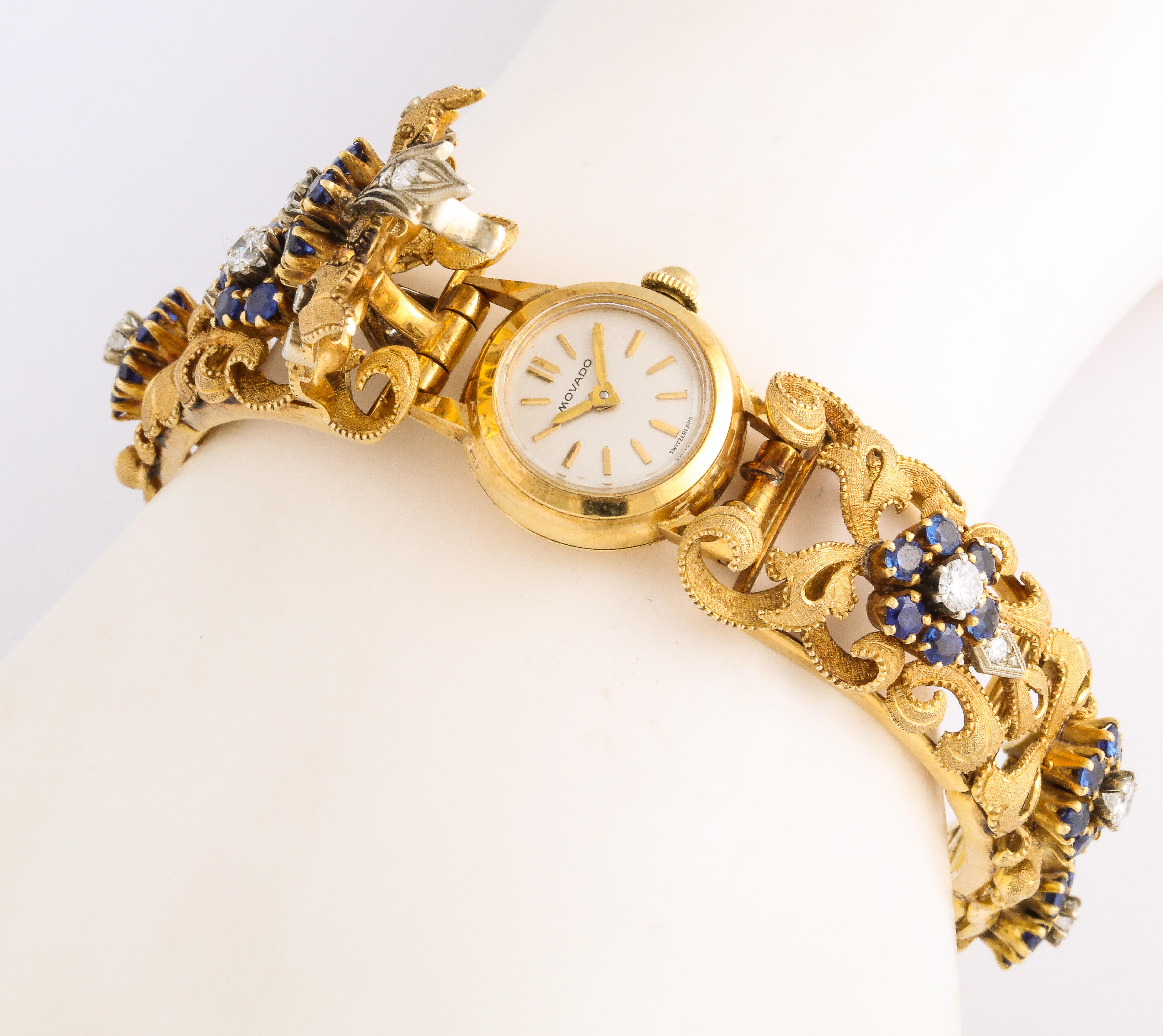 Women's Diamond Sapphire Movado Yellow Gold Watch Bracelet