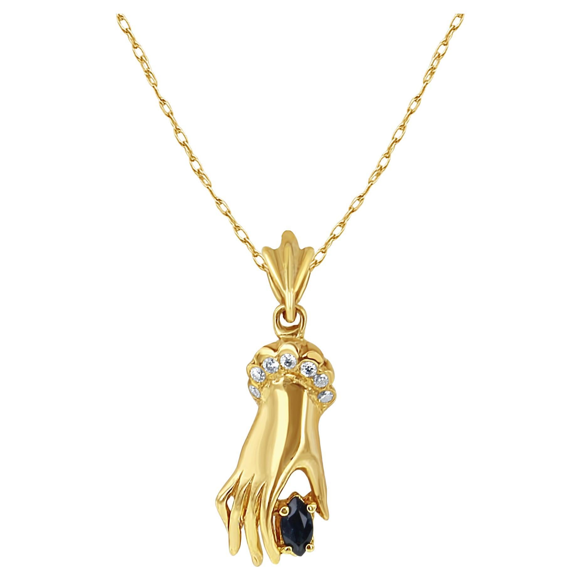 Diamond & Sapphire Mudra Hand Necklace 14k Yellow Gold For Sale