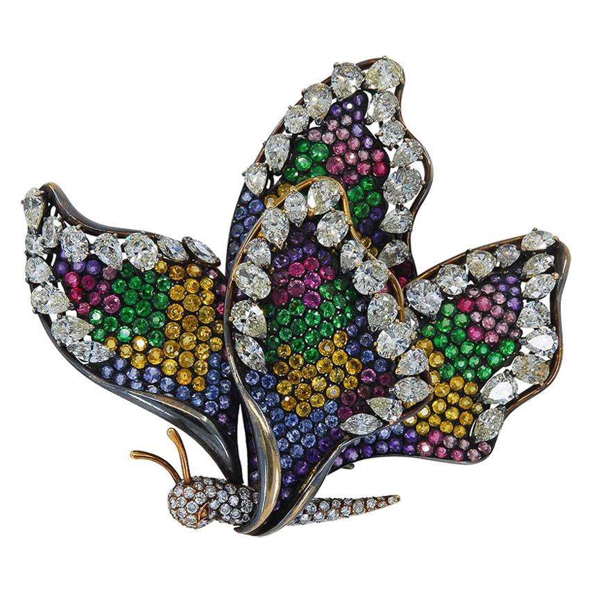 Diamond Sapphire Multicolor Pave Gold Butterfly Brooch