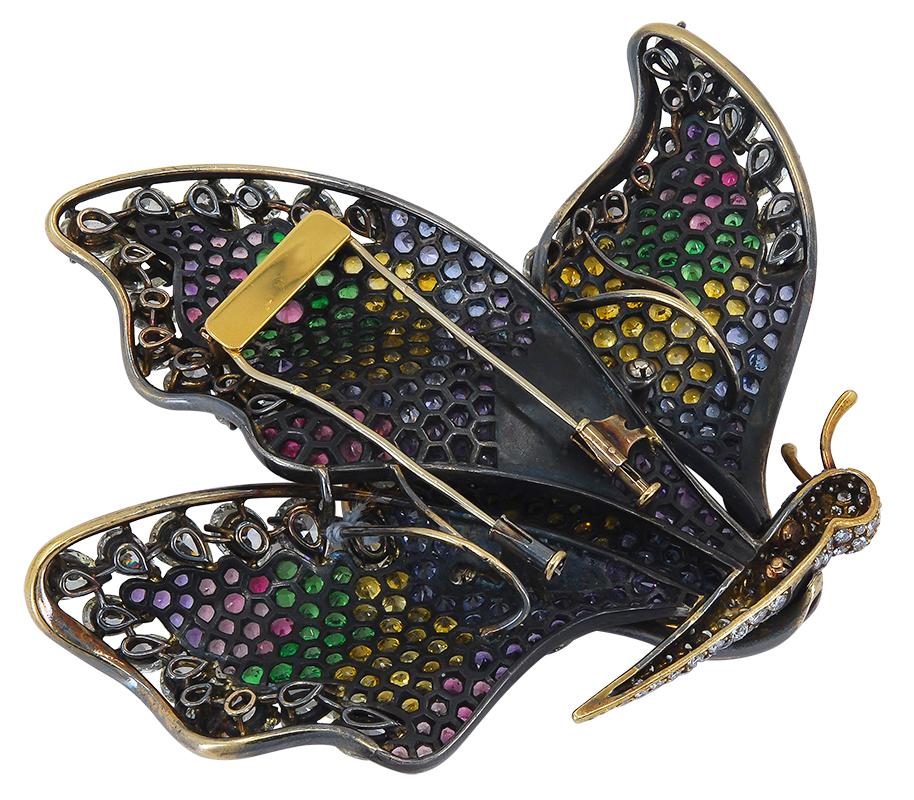 Mixed Cut Diamond Sapphire Multicolor Pave Gold Butterfly Brooch