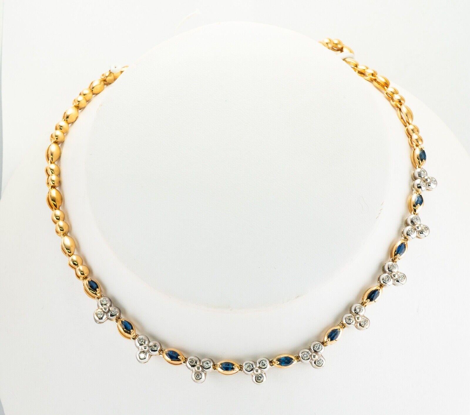 Diamond Sapphire Necklace 14K Gold Choker

This gorgeous estate necklace is finely crafted in solid 14K Yellow gold and set with genuine Earth mined Sapphires and Diamonds. Ten marquise cut Sapphires measure 5mm x 2.5mm for the total 2.40 carats.