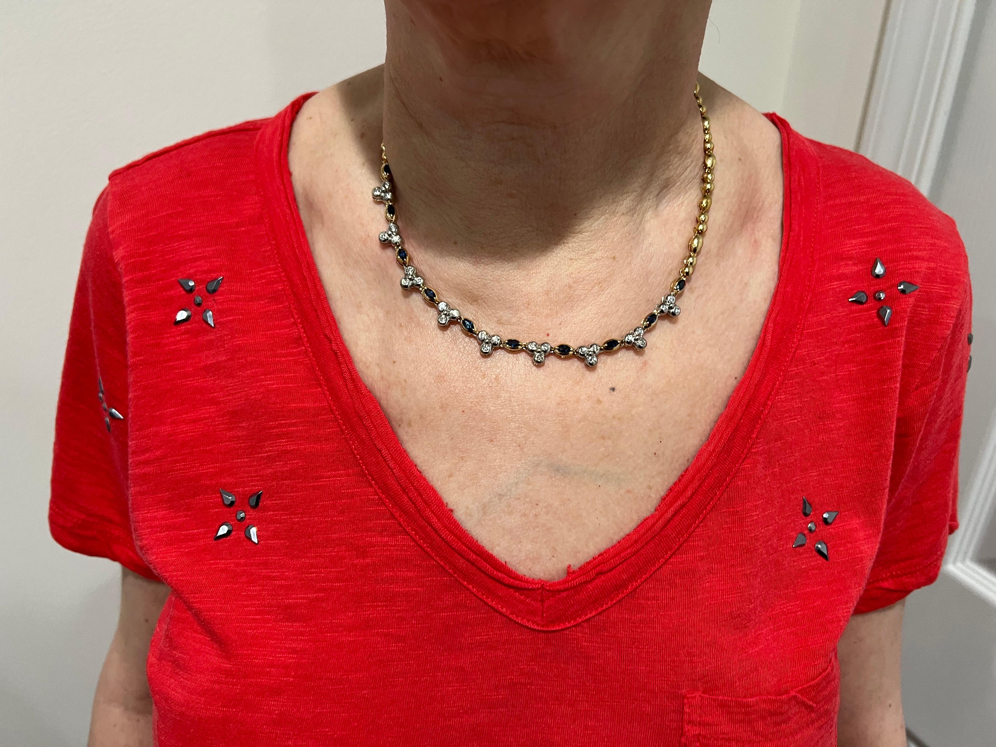 Diamond Sapphire Necklace 14K Gold Choker In Good Condition For Sale In East Brunswick, NJ