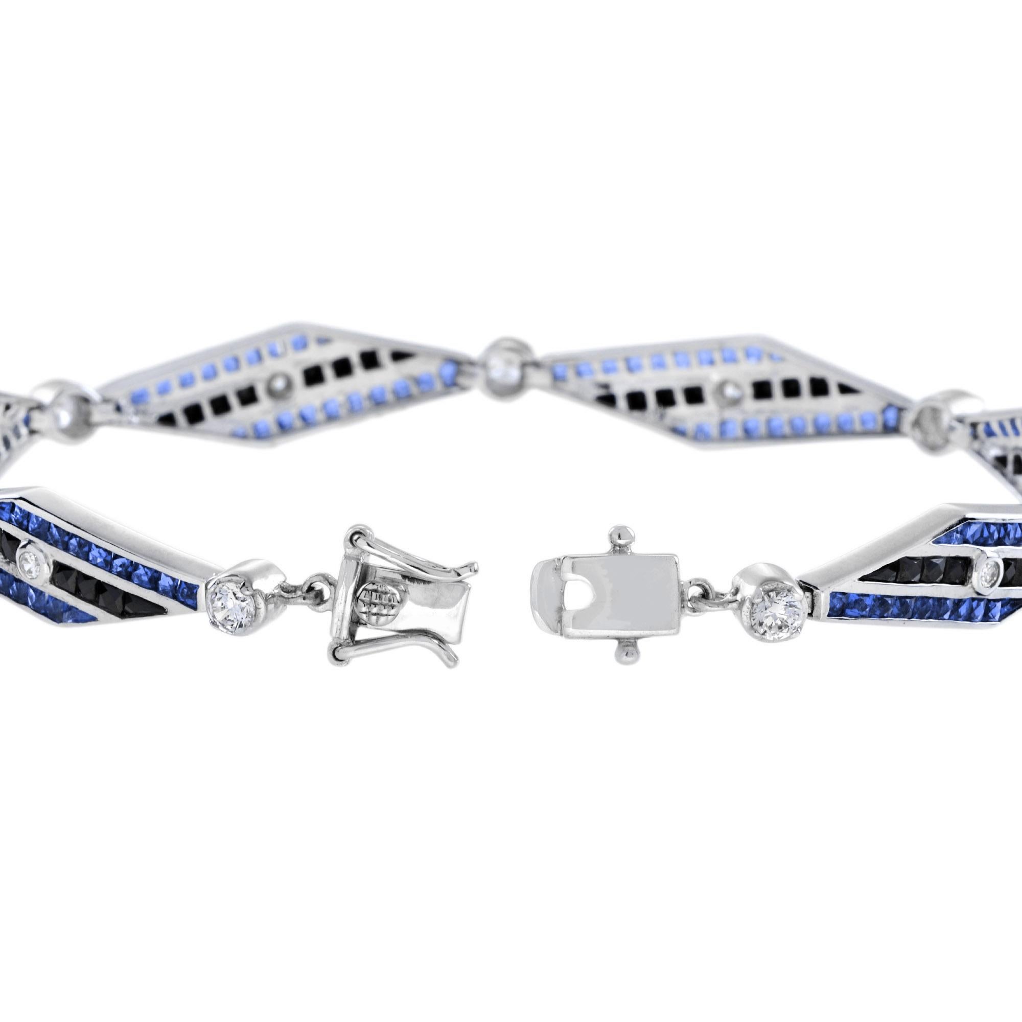 Women's Diamond Sapphire Onyx Art Deco Style Bracelet in 18K White Gold For Sale