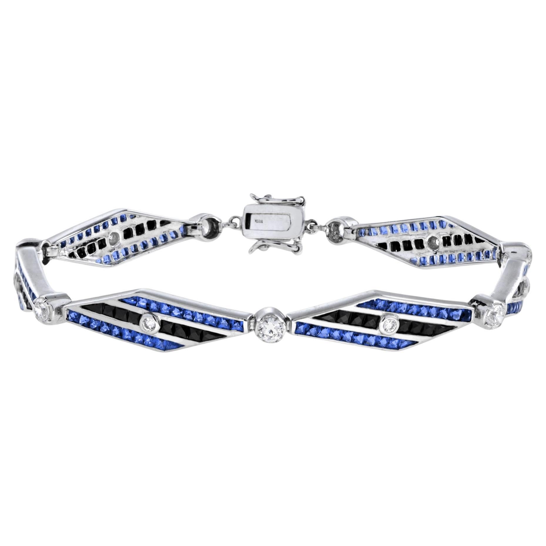 Diamond Sapphire Onyx Art Deco Style Bracelet in 18K White Gold For Sale