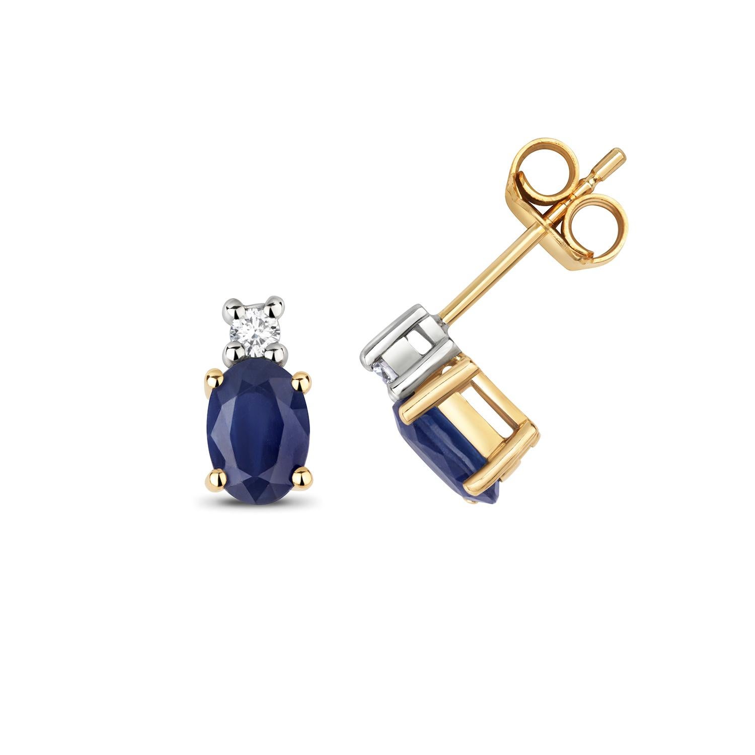DIAMOND & SAPPHIRE OVAL CLAW SET STUDS IN 9CT Gold In New Condition For Sale In Ilford, GB