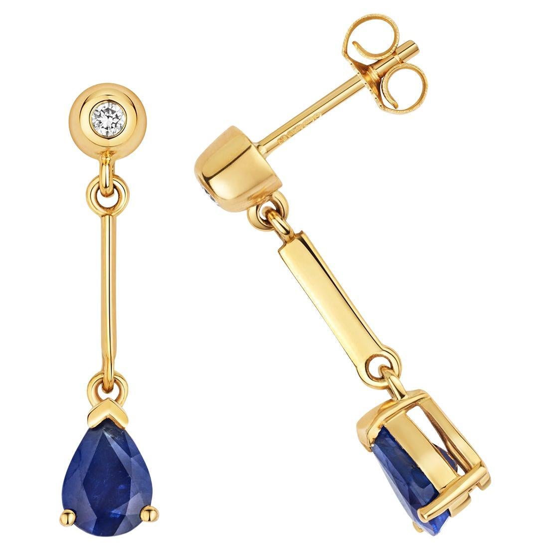 DIAMOND & SAPPHIRE PEAR SHAPE BAR DROPS IN 9CT Gold For Sale