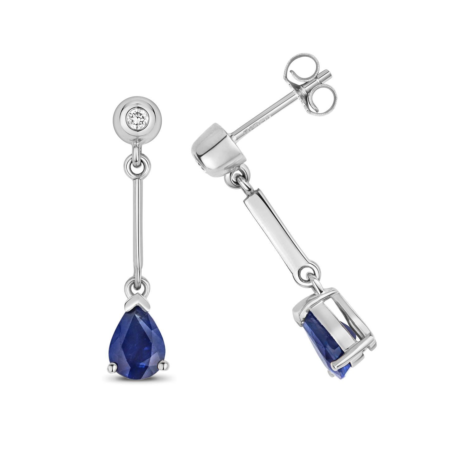 DIAMOND & SAPPHIRE PEAR SHAPE BAR DROPS IN 9CT WHITE Gold In New Condition For Sale In Ilford, GB