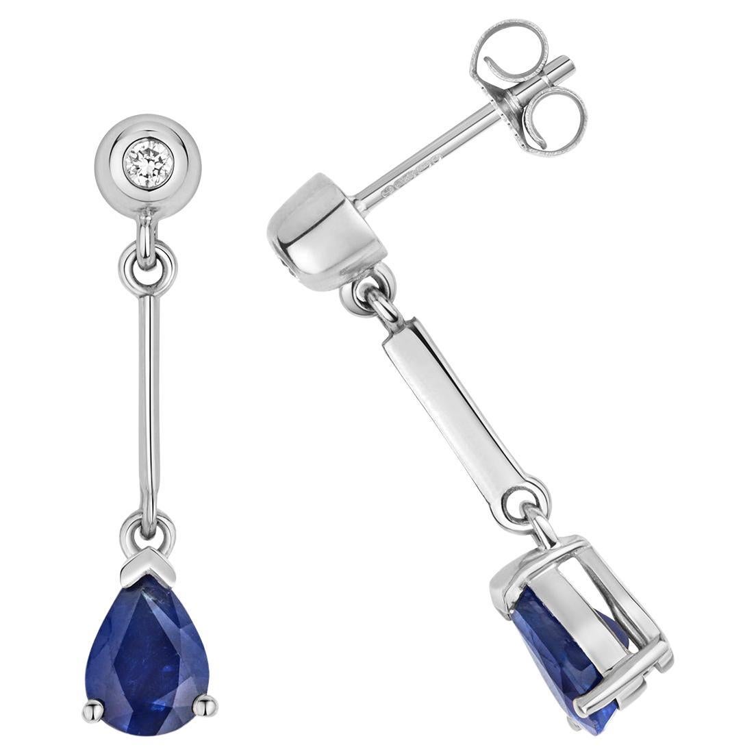 DIAMOND & SAPPHIRE PEAR SHAPE BAR DROPS IN 9CT WHITE Gold For Sale