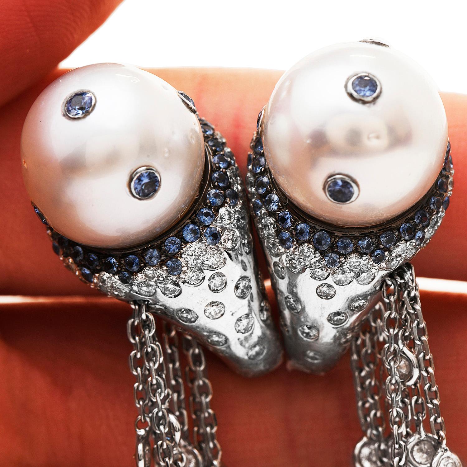Diamond Sapphire Pearl 18K Gold Ball Chain Dangle Drop Clip on Ear In Excellent Condition For Sale In Miami, FL