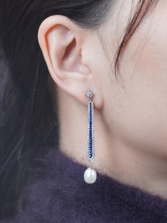 Diamond Sapphire Pearl Art Deco Style Linear Drop Earrings in 14K White Gold