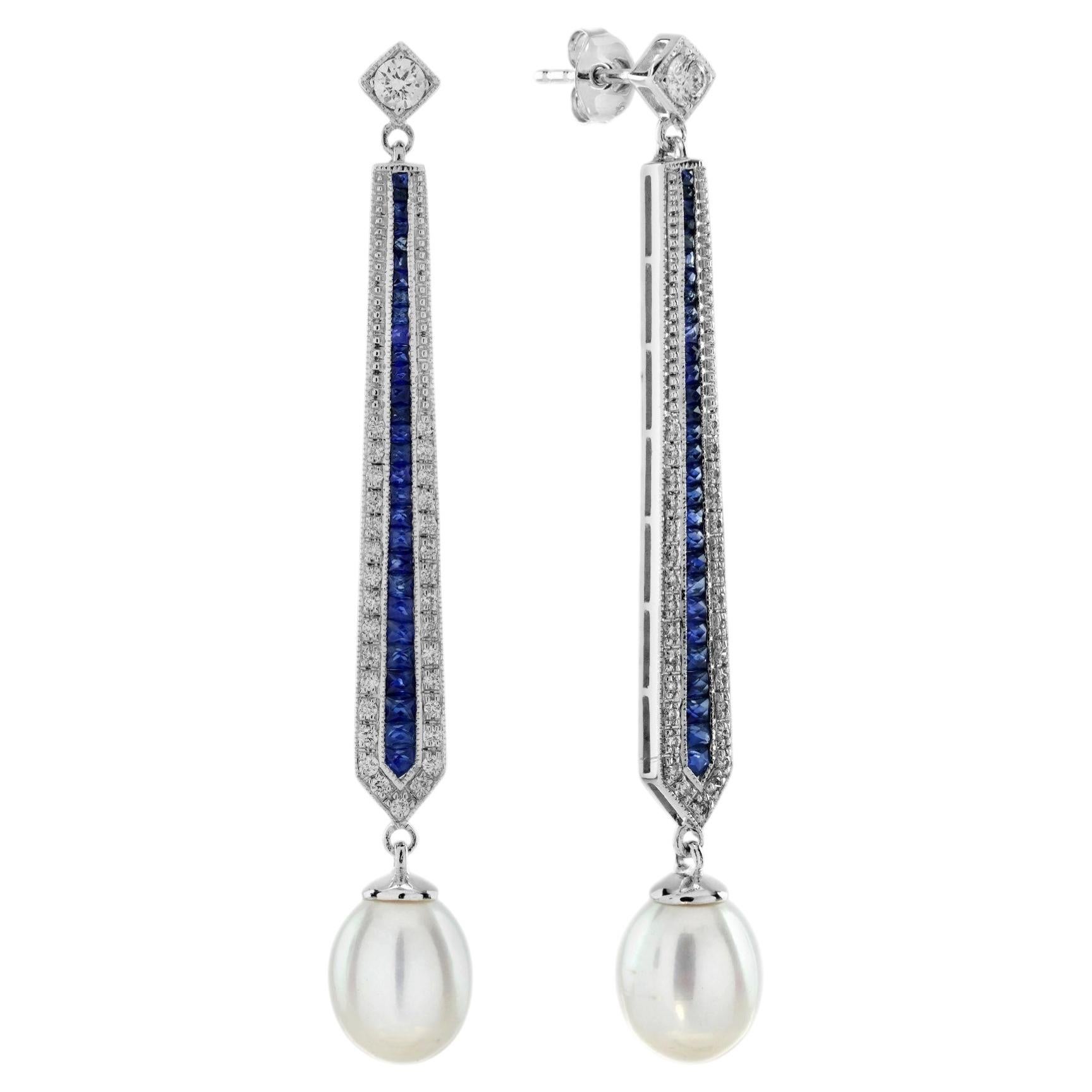 Pearl Drop Earrings with Sapphire and Diamond Art Deco Style in 14K White Gold