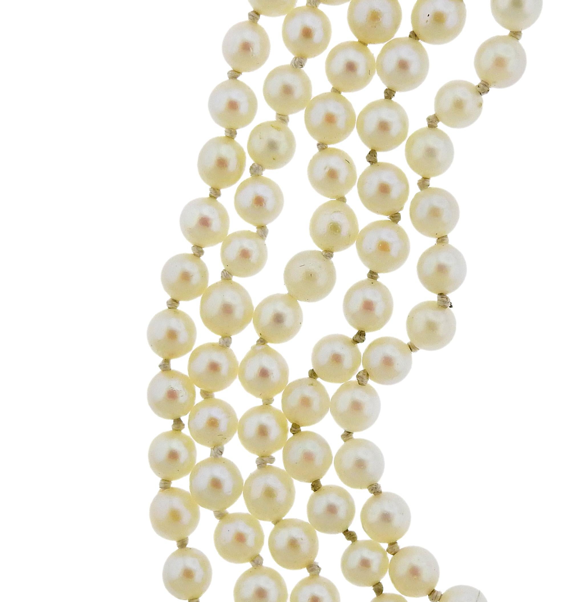 Diamond Sapphire Pearl Gold Multi Strand Necklace In Excellent Condition In New York, NY