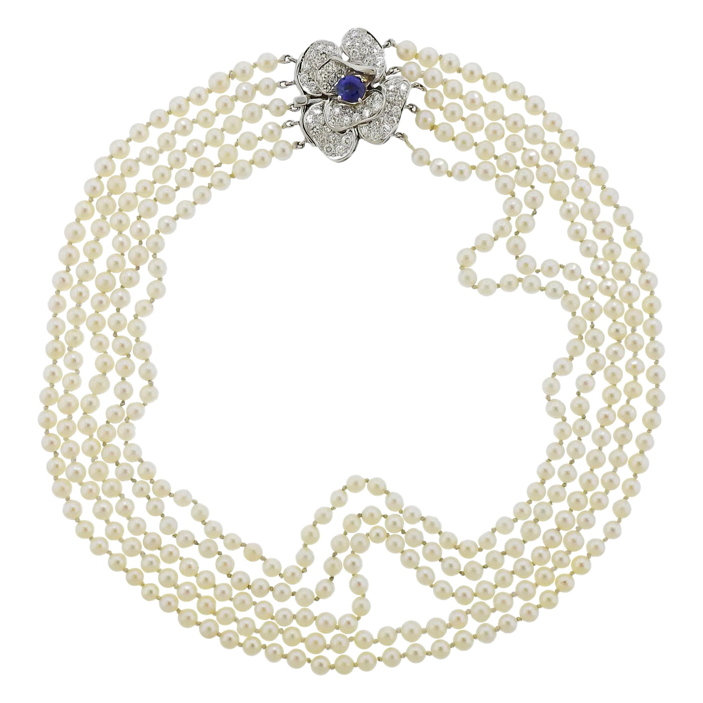 Diamond Sapphire Pearl Gold Multi Strand Necklace