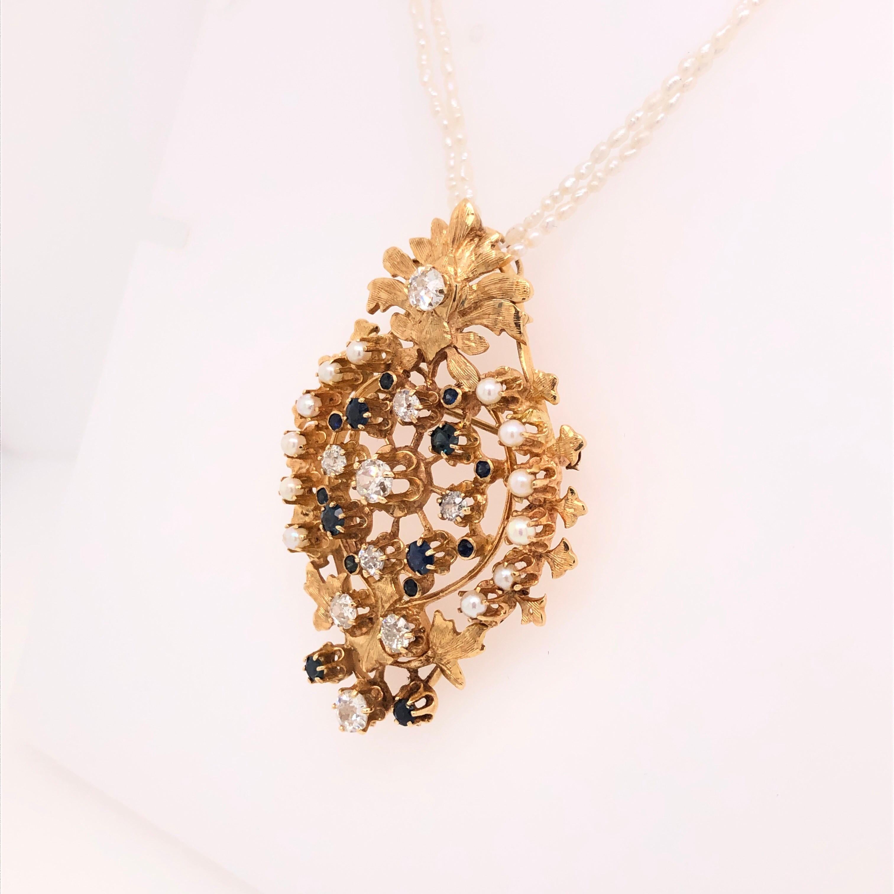 Modern Diamond Sapphire Pearl Yellow Gold Brooch Pendant Combination