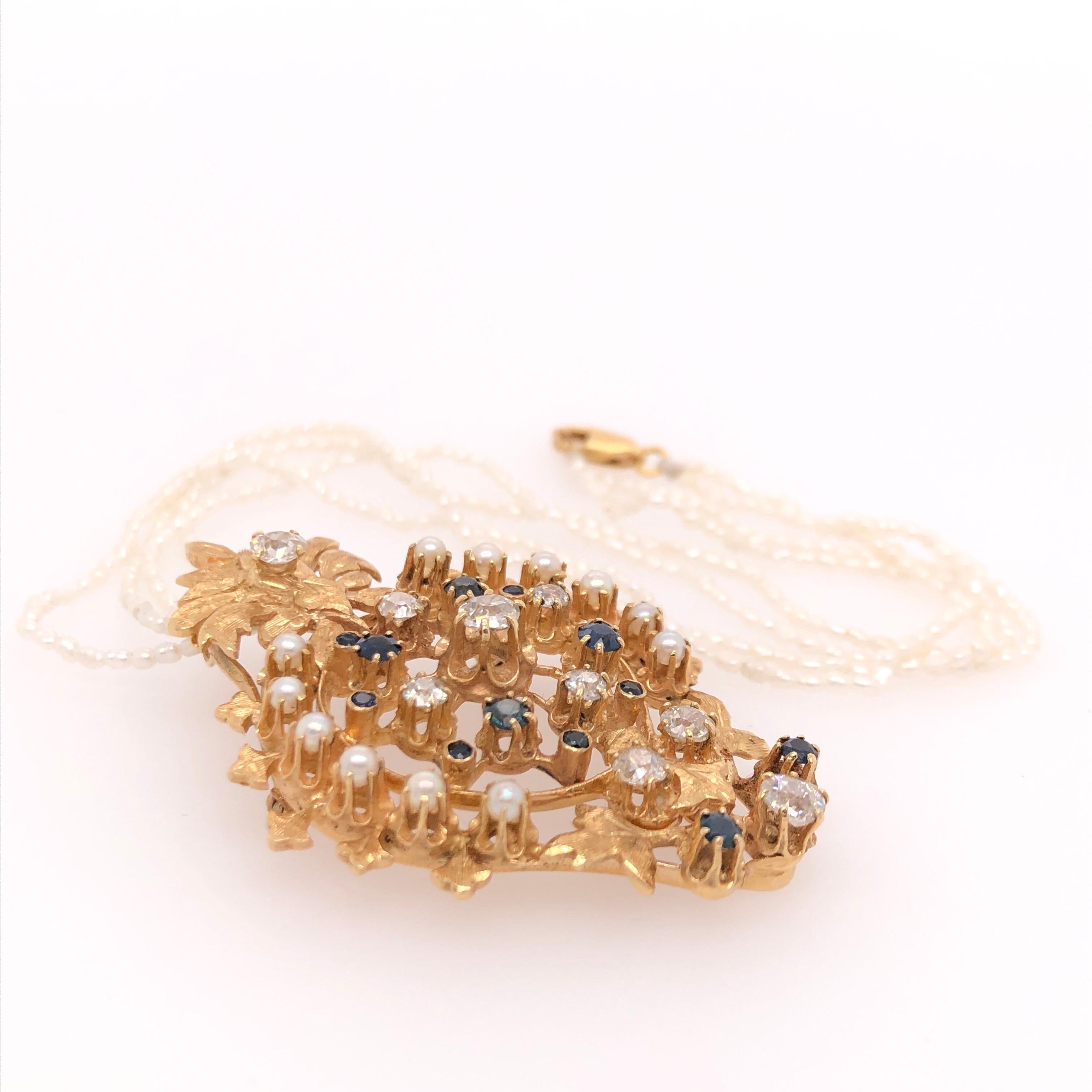 Round Cut Diamond Sapphire Pearl Yellow Gold Brooch Pendant Combination