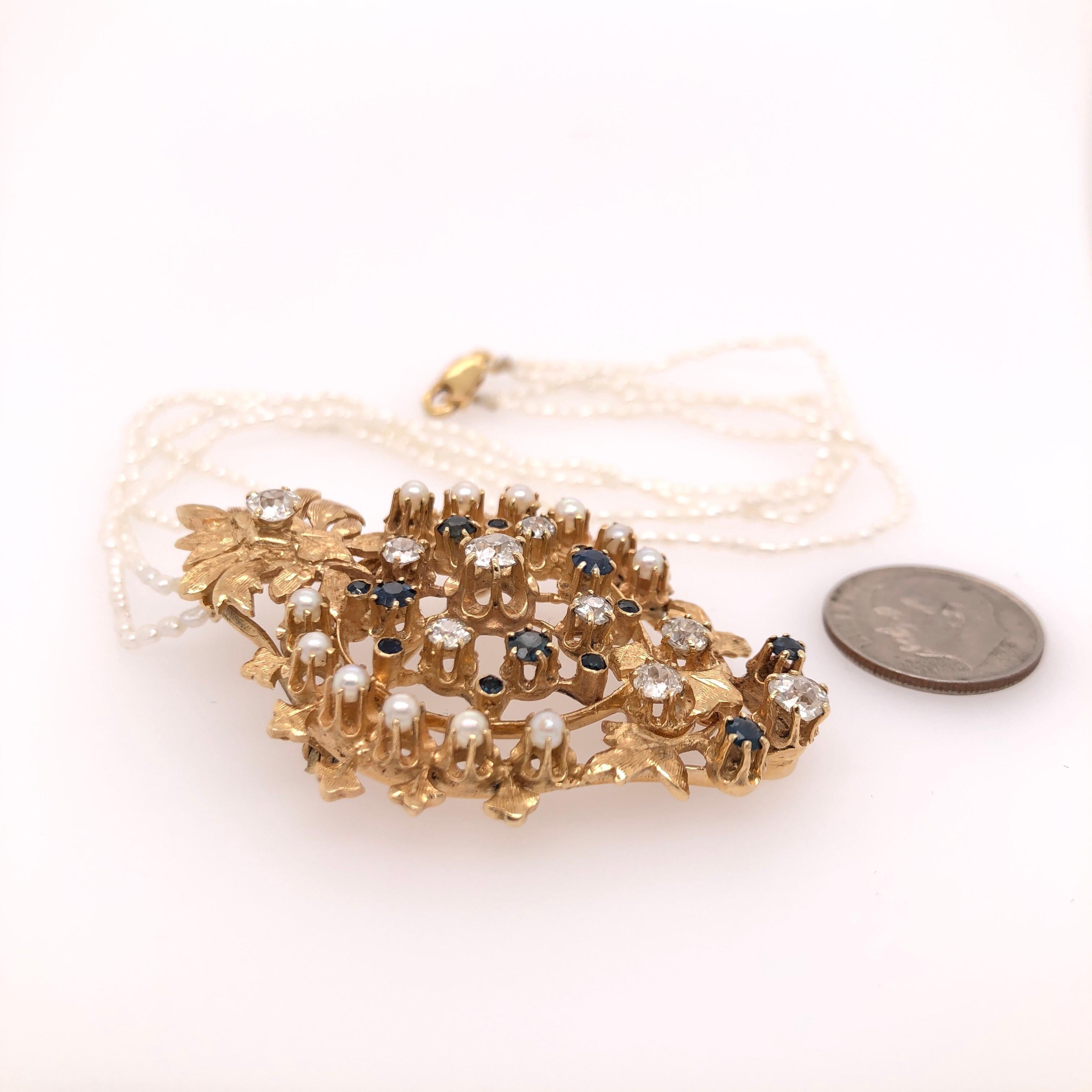 Diamond Sapphire Pearl Yellow Gold Brooch Pendant Combination In Good Condition In Dallas, TX