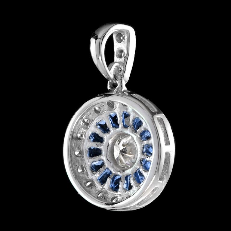 French Cut Round Diamond and Sapphire Double Halo Art Deco Style Pendant in 18K White Gold For Sale