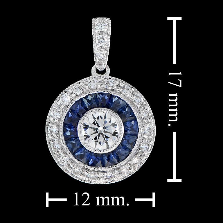 Women's or Men's Round Diamond and Sapphire Double Halo Art Deco Style Pendant in 18K White Gold For Sale