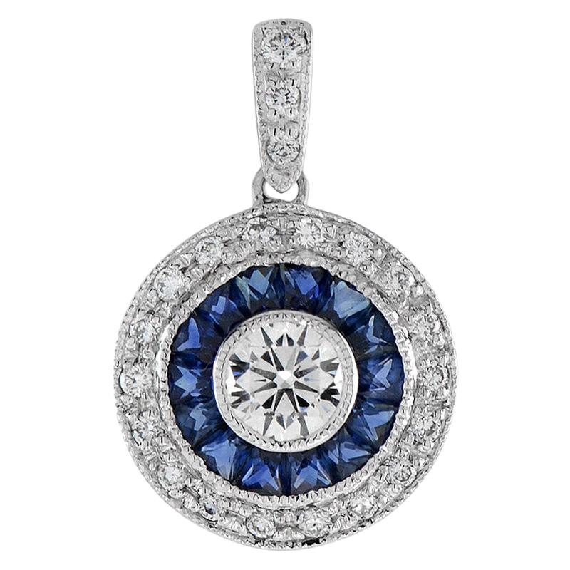 Round Diamond and Sapphire Double Halo Art Deco Style Pendant in 18K White Gold For Sale