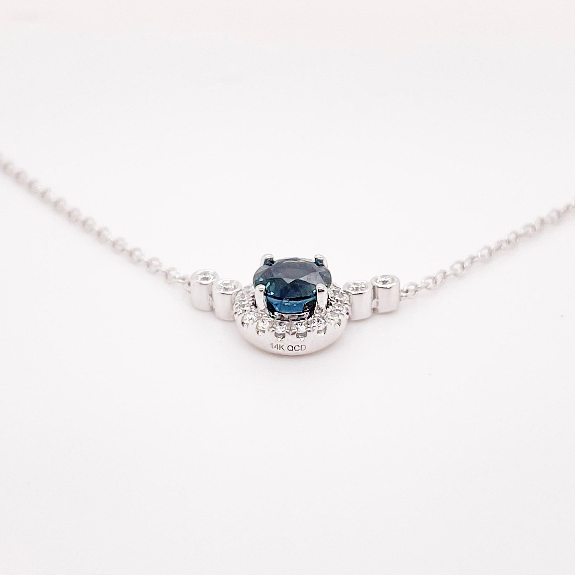 This simple sapphire and diamond necklace can go perfectly with a neck stack or on its own because of its delicate design. The contrast of the white diamond with the deep blue sapphire would catch anyone's eye. The details for this beautiful